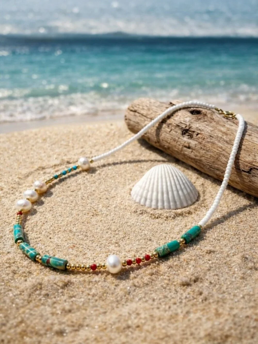 Handmade Boho Green Agate Faux Pearl White Seed Bead Choker Necklace Gold Tone